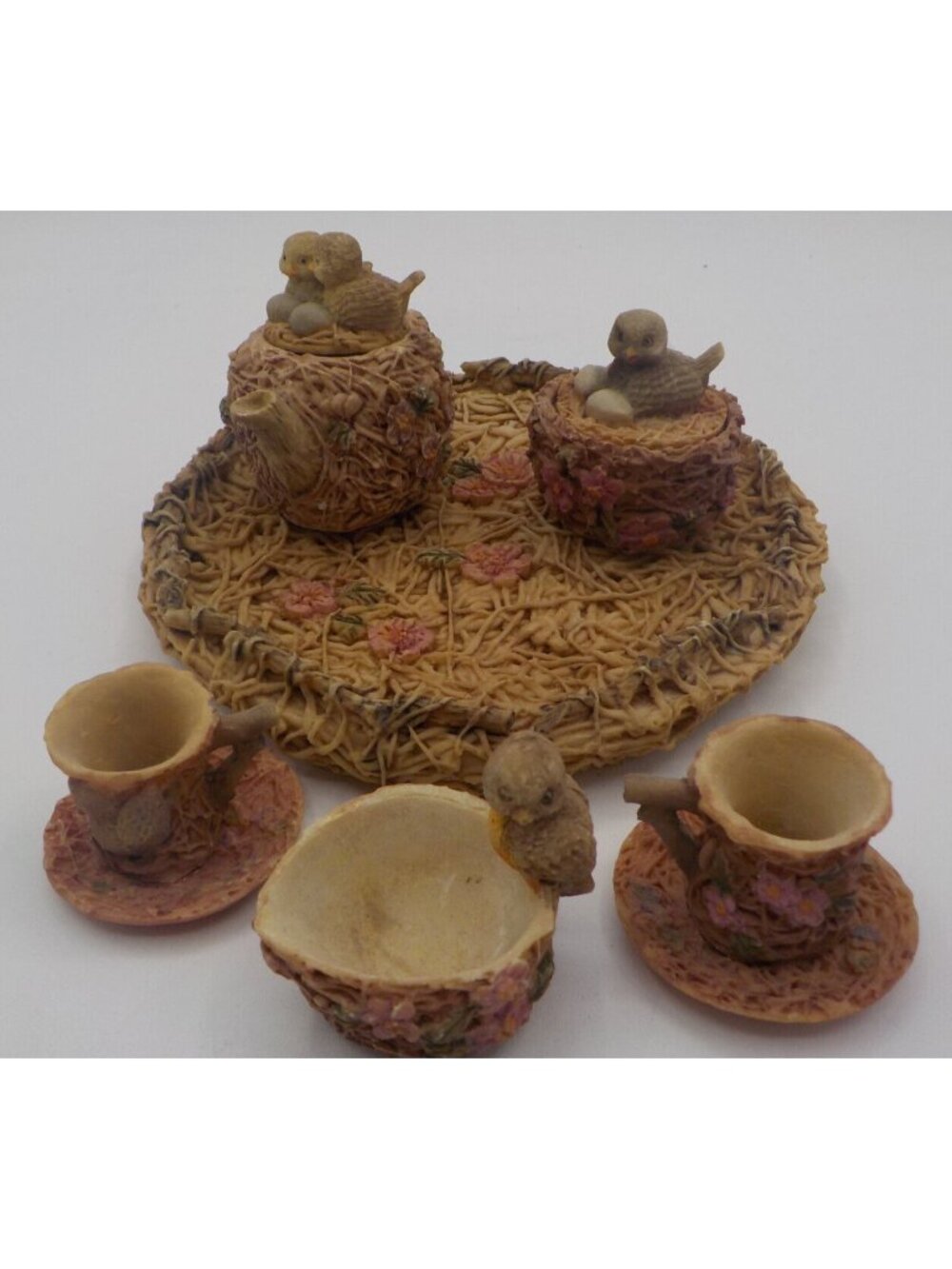 Mini Resin Vintage Tea Set, Spring Birds Nest, Pink Floral, Detailed, 10 Pieces